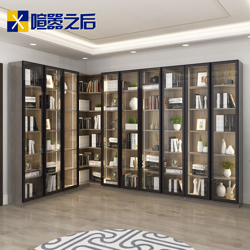 北欧钢化玻璃门转角书柜置物架办公展示柜带灯组合书橱定制书架