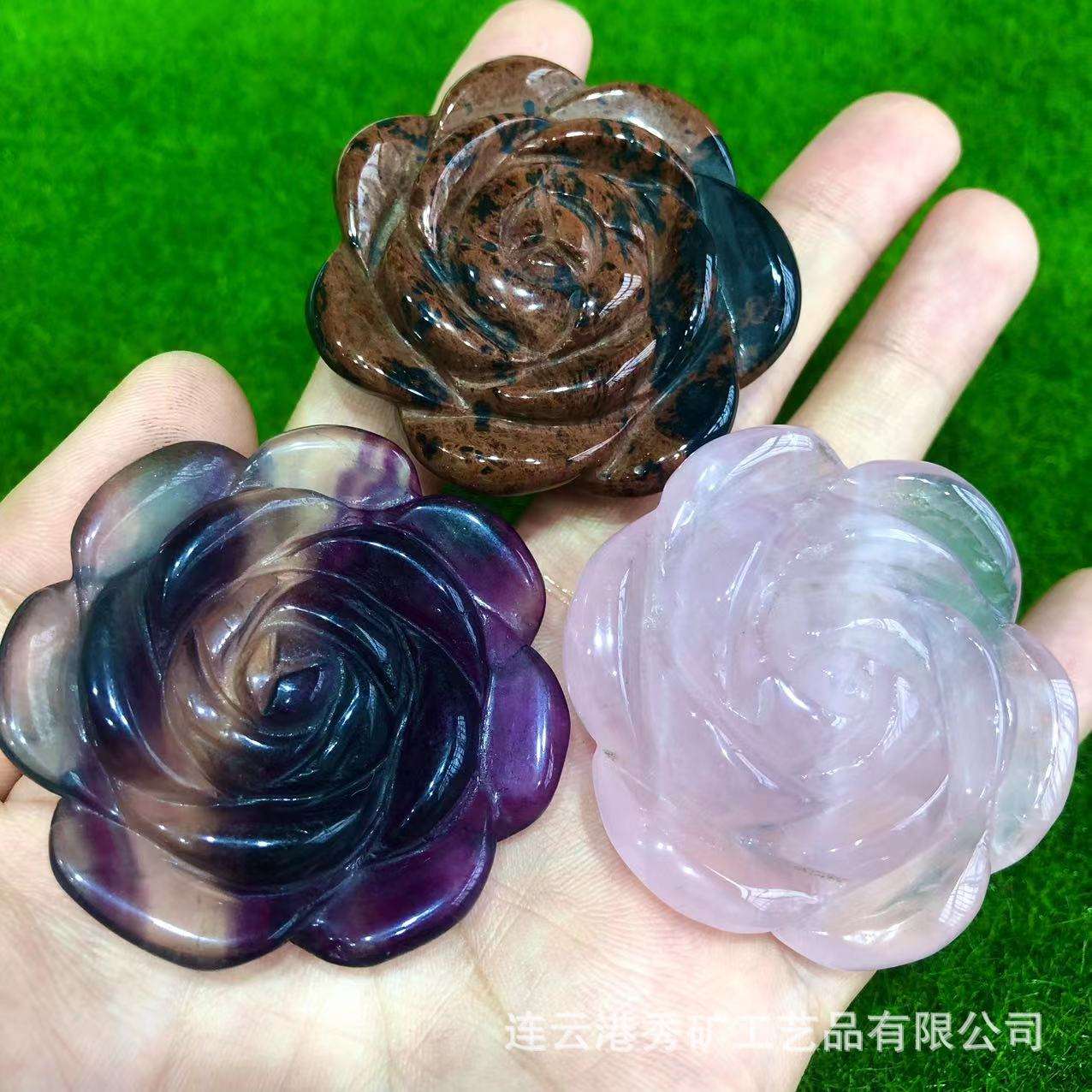 厂家 天然紫水晶玫瑰花雕刻件水晶雕刻月季玫瑰花把玩饰品配饰