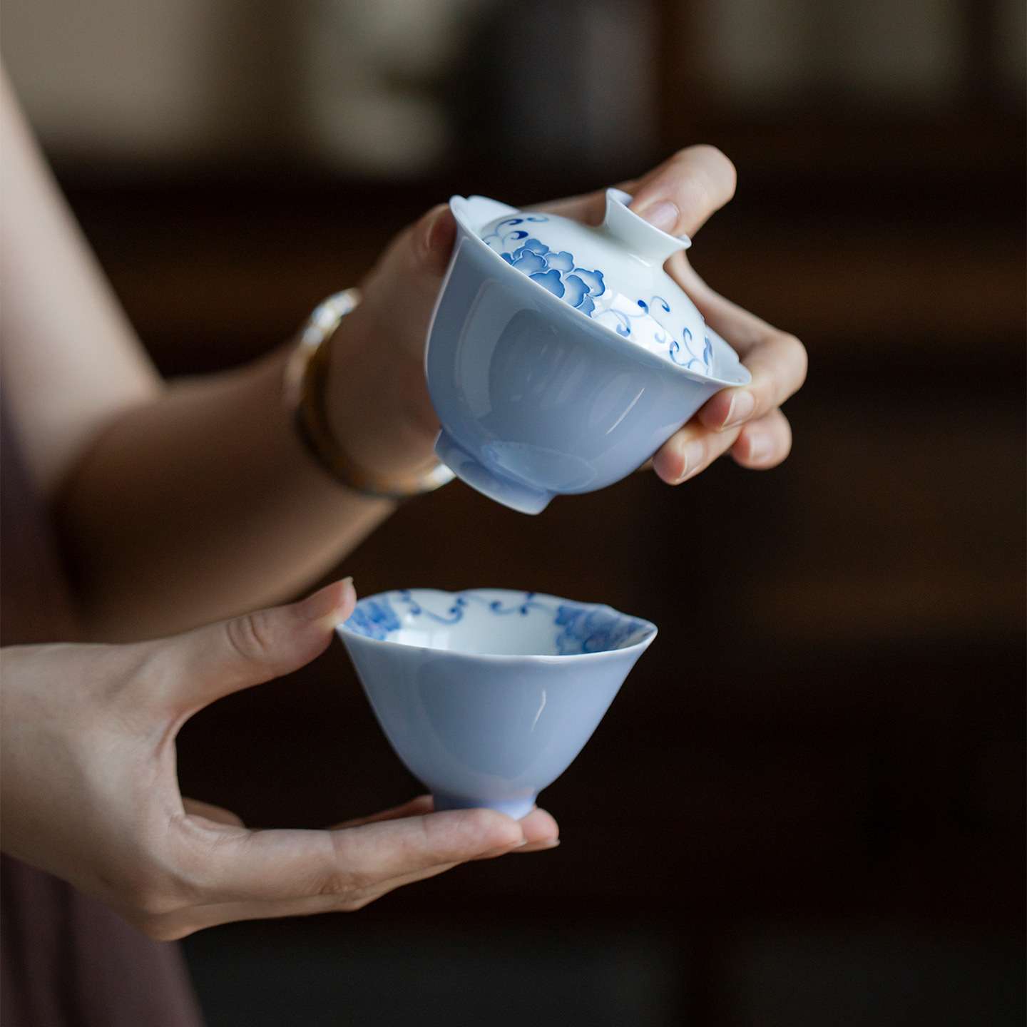 唐宋旅行茶具收纳袋便携茶具一盖碗一杯牡丹户外出差一人饮套装