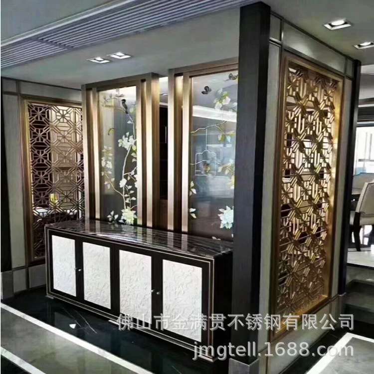 新中式简约轻奢不锈钢屏风 酒店镂空金属花格隔断定 制厂家直销