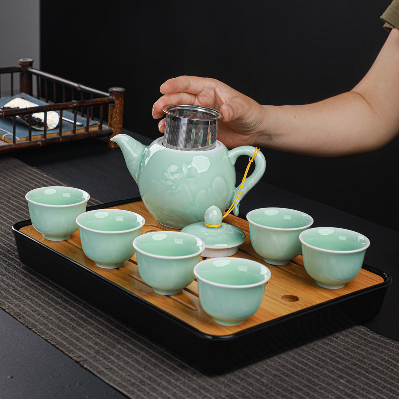 青瓷过滤茶壶带不锈钢网胆陶瓷大号功夫茶具冲泡器家用单杯子套装