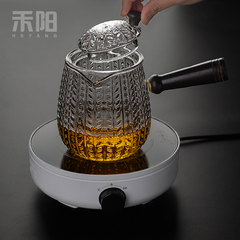 禾阳 麦穗侧把壶耐热玻璃煮茶壶家用双内胆煮茶器茶具套装蒸茶壶