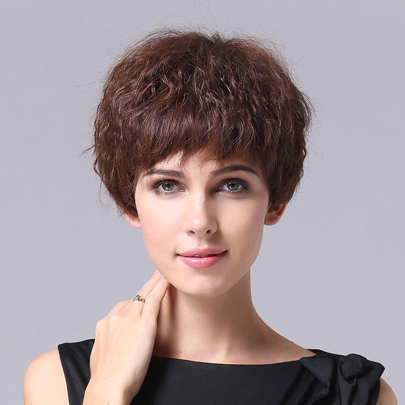 洗后有卷真发假发女短发真人发圆脸妈妈蓬松卷小波浪女全头套V08