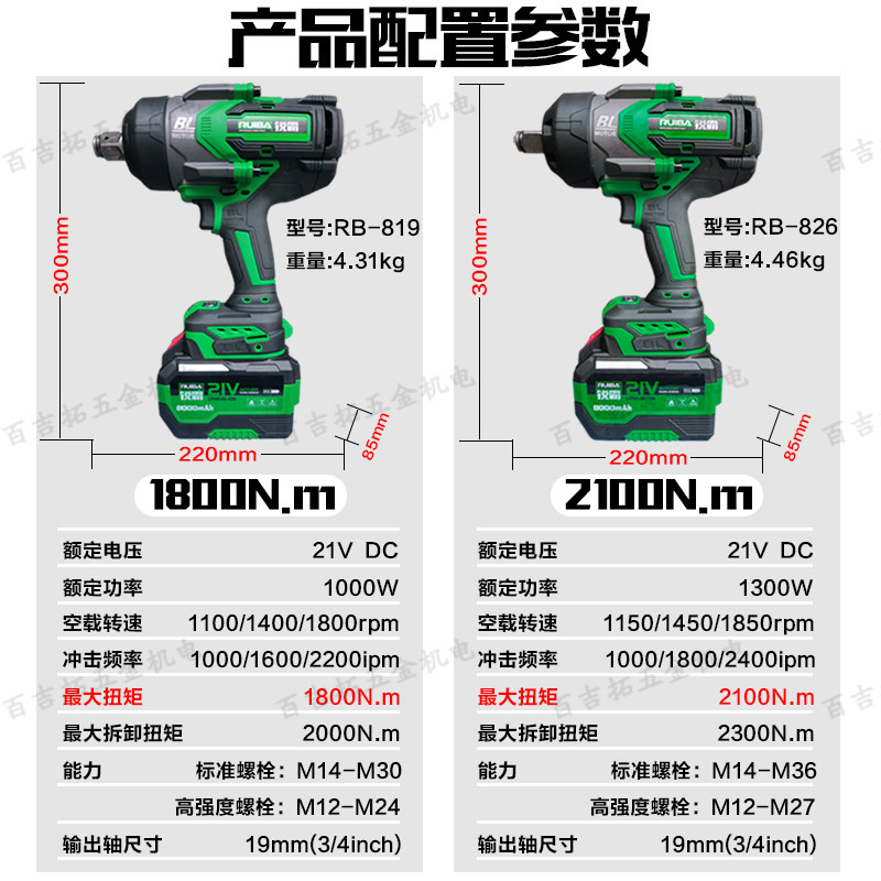 锐霸无刷电动扳手重型大马力电炮RB818A/819/826大扭力风炮塔吊汽