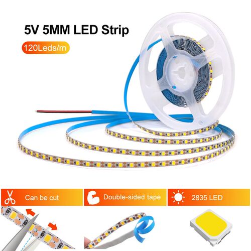 led灯带5V120灯每米2835贴片裸板自粘5mm宽8mm一灯一剪软灯条5伏