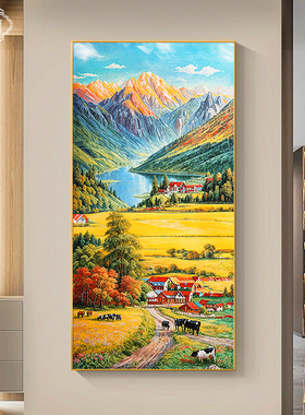 丰收入户玄关装饰画手绘油画金山聚宝盆客厅挂画竖版走廊过道壁画