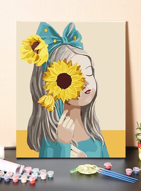数字油画diy手工填充简约女孩向日葵少女卧室装饰手绘涂色油彩画