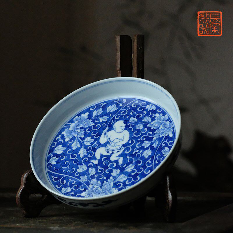 长窑制器长物居仿康熙风格青花连生贵子盘景德镇茶具壶承陶瓷