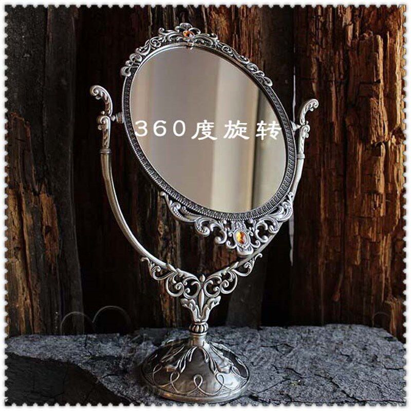 金属梳妆台镜子 复古典锡制台式双面化妆镜 欧式仿古椭圆形美容镜