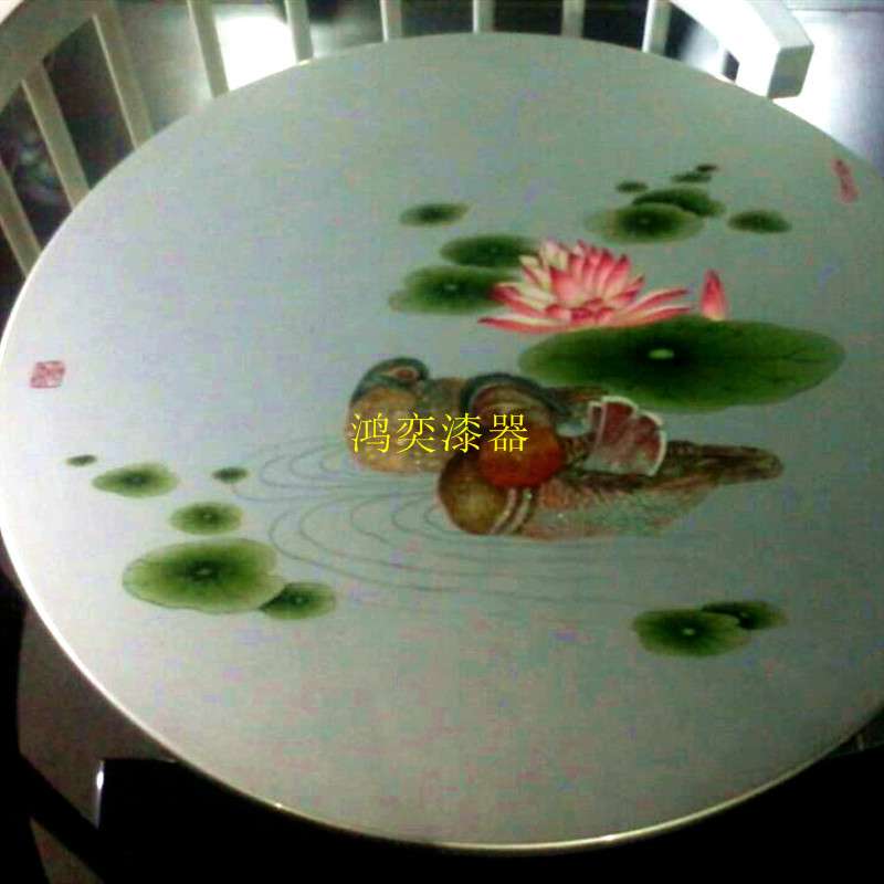 实木漆器彩绘圆形茶餐桌椅组合 圆桌木凳子家用 中式漆画桌子设计