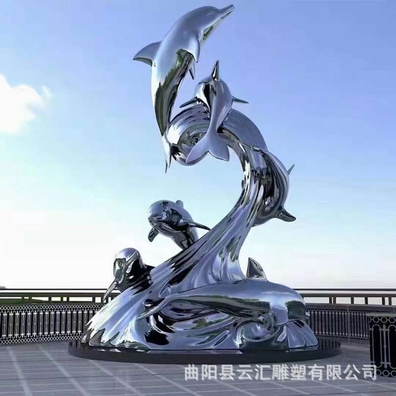 户外不锈钢雕塑镜面海豚海洋动物商场公园售楼部水景景观铁艺摆件