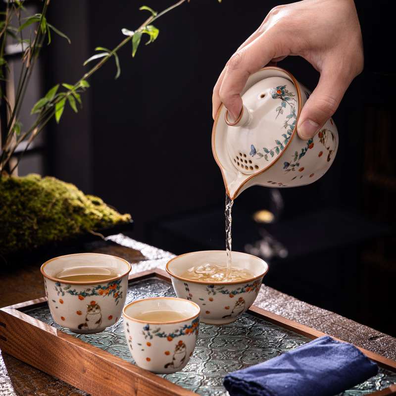 汝窑旅行茶具套装便携式陶瓷快客杯喝茶户外露营精致猫咪女士茶具