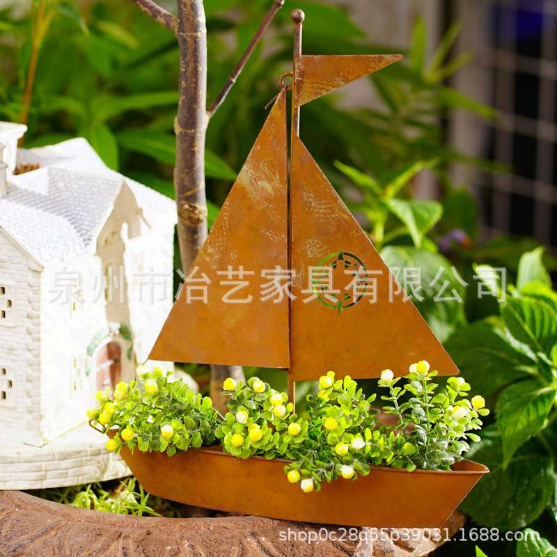 跨境爆款创意3D生锈帆船花盆 户外花园装饰 金属艺术品 航海装饰