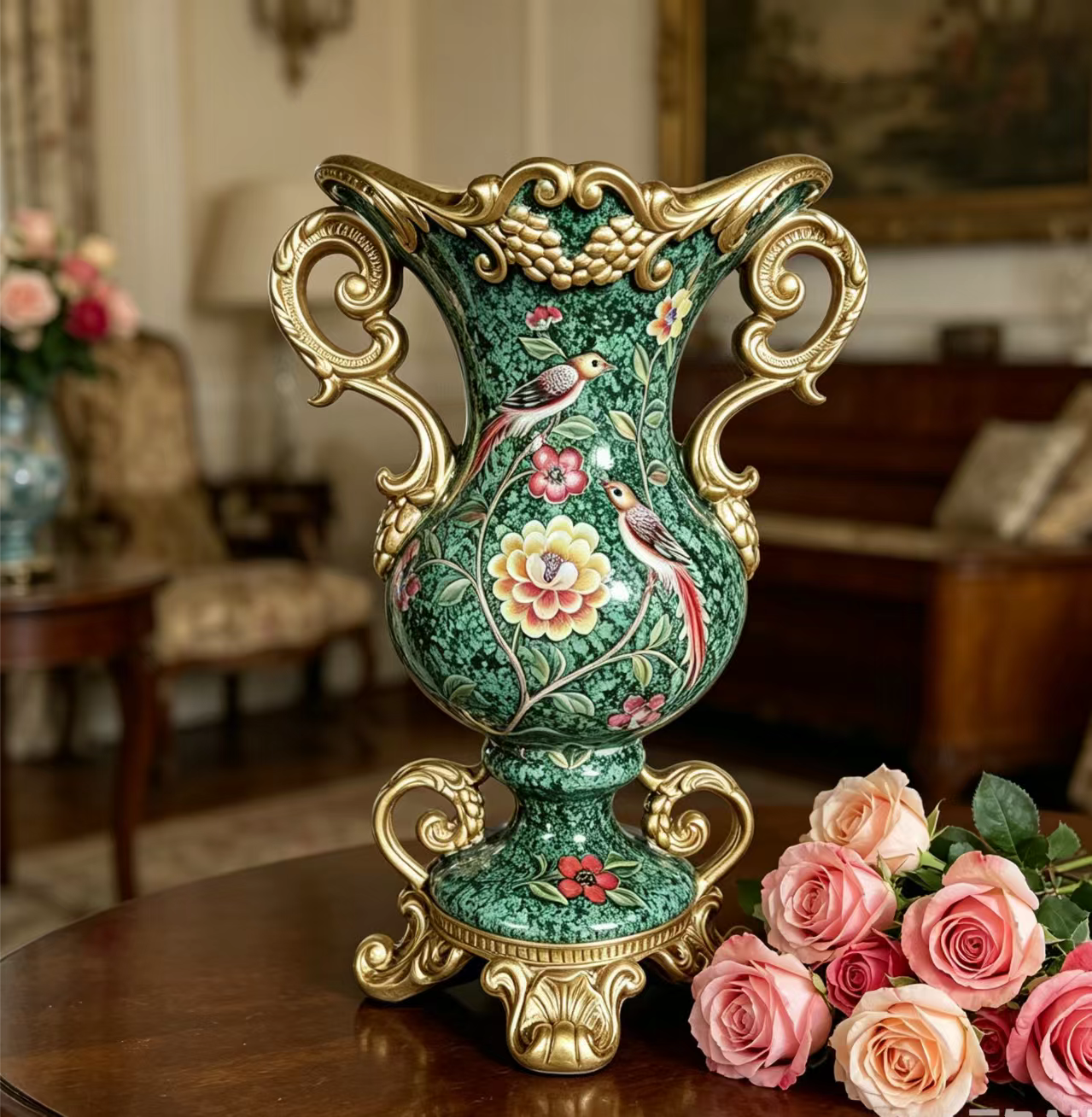 复古墨绿描金花鸟双耳花瓶欧式轻奢树脂工艺摆件美式古典客厅玄关