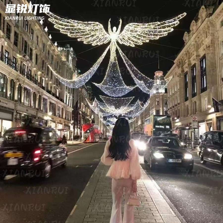 跨街翅膀造型景观灯展览立体造型灯七彩天使图案灯城市名片灯光节