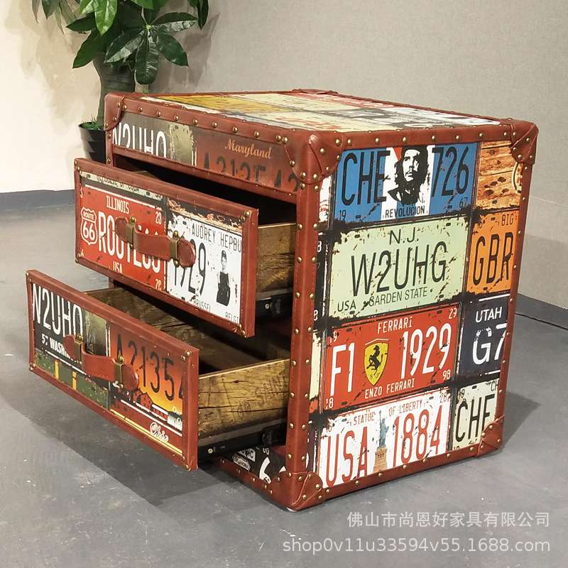 美式工业风复古做旧双抽茶几设计师金属个性酒店酒吧创意储物茶几