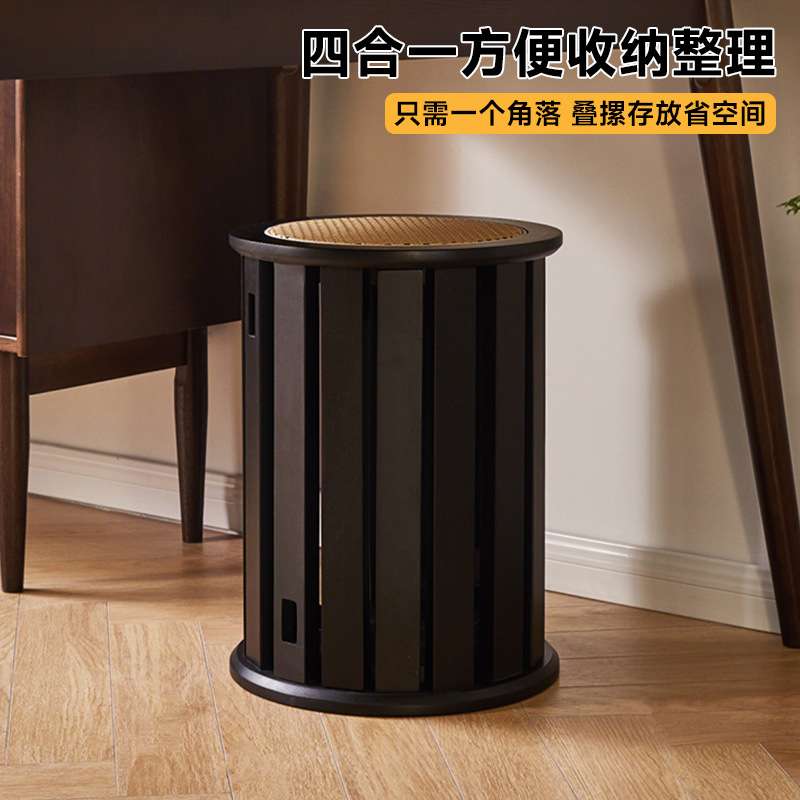 中古实木凳子可叠放家用客厅矮凳餐桌椅凳子圆凳藤编凳客人备用E&