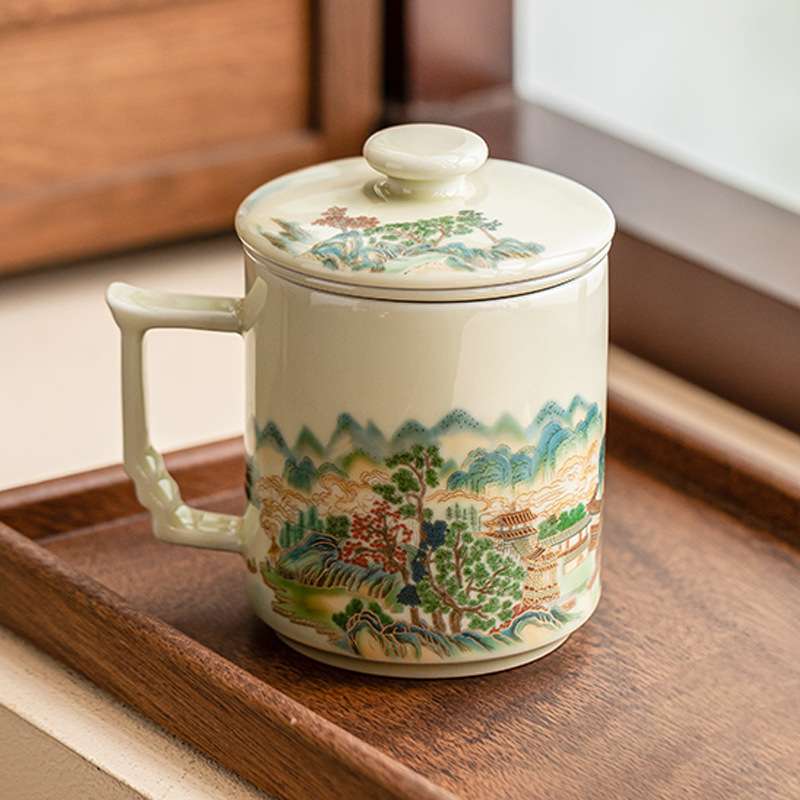 秘黄釉山水泡茶杯个人专用马克杯带盖茶水分离杯子中式陶瓷办公杯