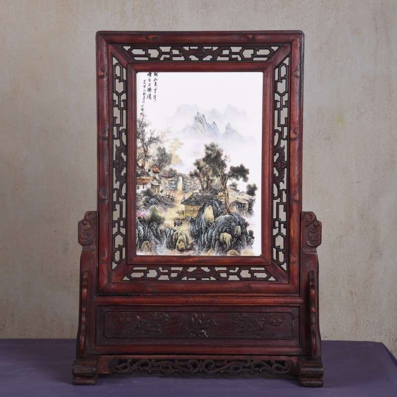 仿古实木框陶瓷板画插屏坐屏瓷板画 中式家居中堂古典装饰品摆件