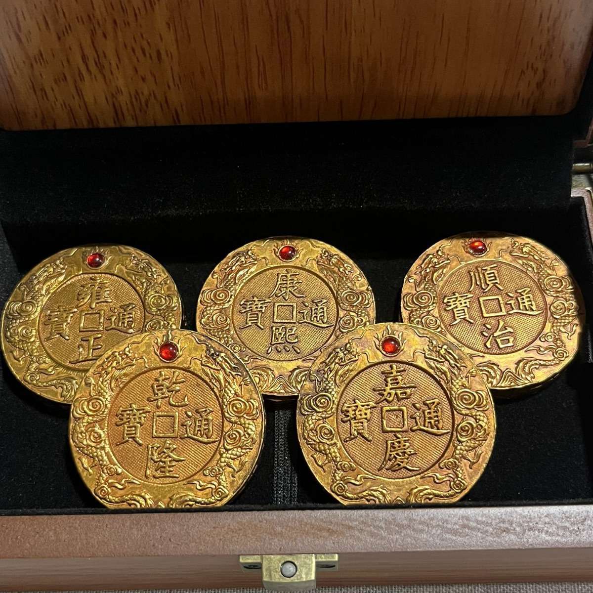 仿古铜镶宝石五帝铜钱配精品盒子一套加厚大号老铜钱古钱收藏品