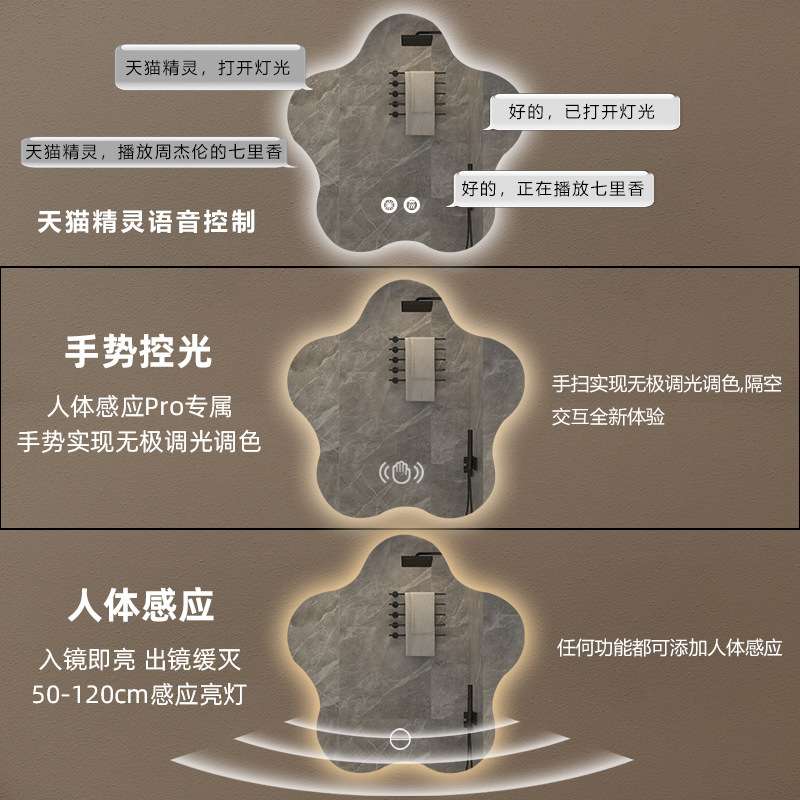 创意花朵智能镜子卫生间艺术镜挂墙除雾浴室镜带灯感应LED化妆镜
