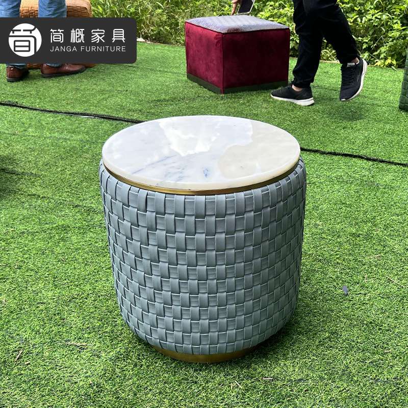 简概创意矮凳客厅阳台皮艺编织小凳子家用大理石茶几实木内胆