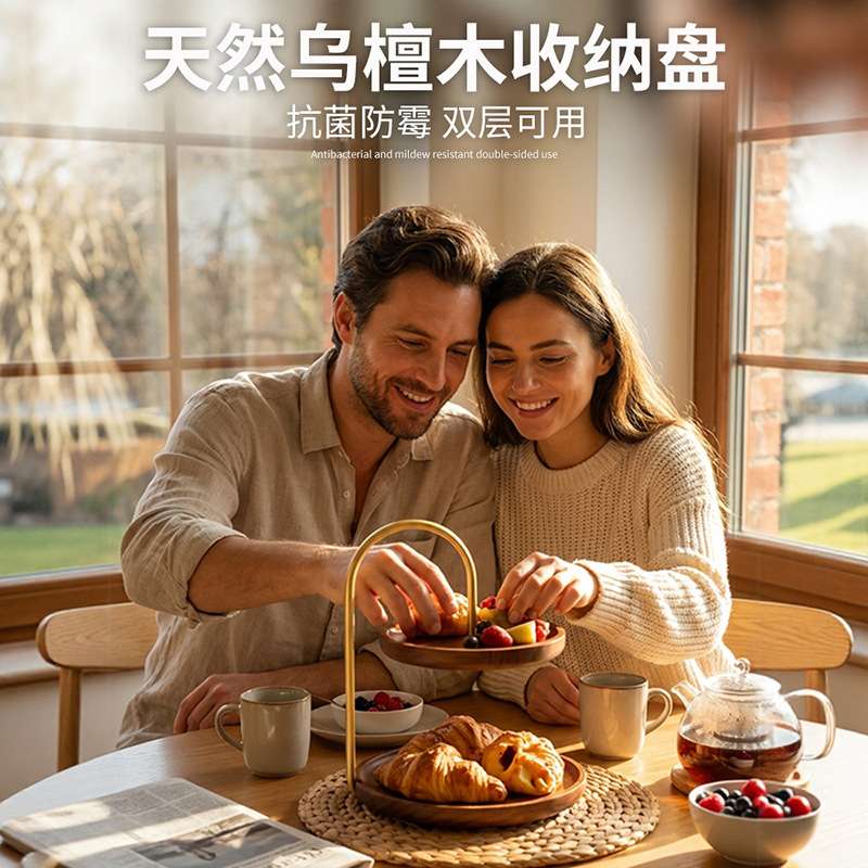 乌檀木托盘干果蛋糕盘客厅水果点心盘欧式双层果盘木质收纳架