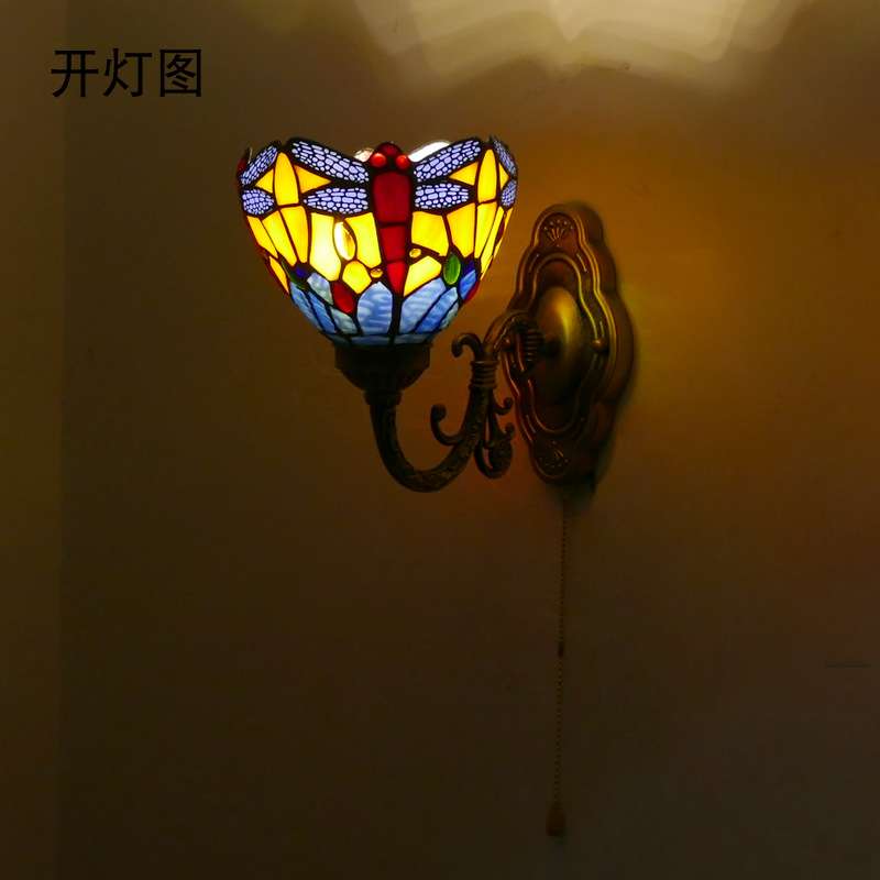 蒂凡尼壁灯 镜前灯田园蜻蜓单双头镜前壁灯客厅卧室过道床头壁灯