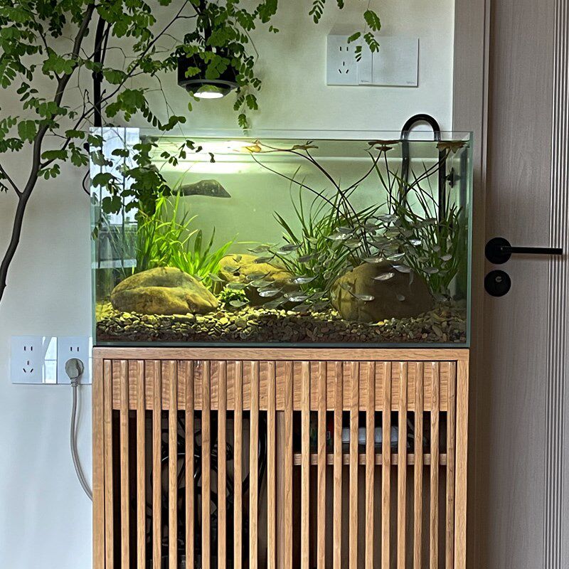 物喜一侘原木风客厅生态鱼缸红橡实木底定制柜一体式造景自循环缸