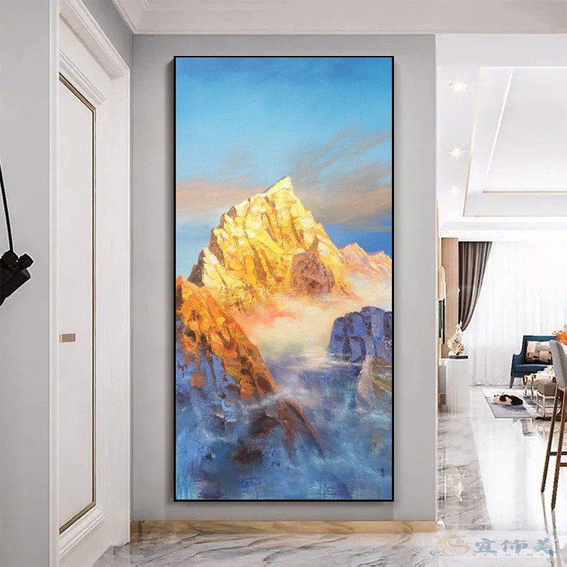 手绘油画玄关客厅装饰画日照金山书房办公室竖版轻奢沙发餐厅挂画