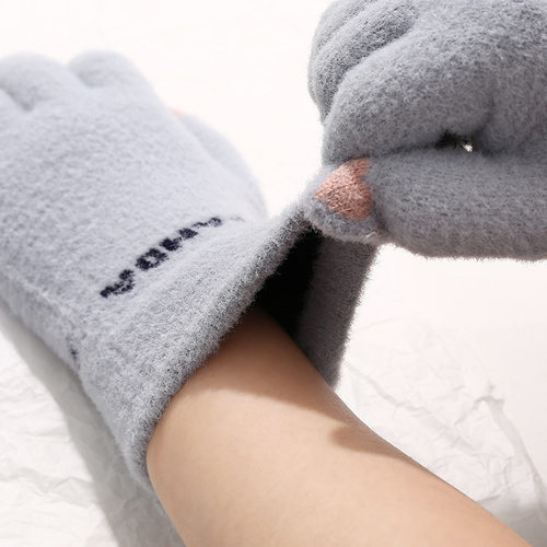 冬季新款毛绒手套骑车针织手套秋冬女生可爱防寒触屏学生保暖手套