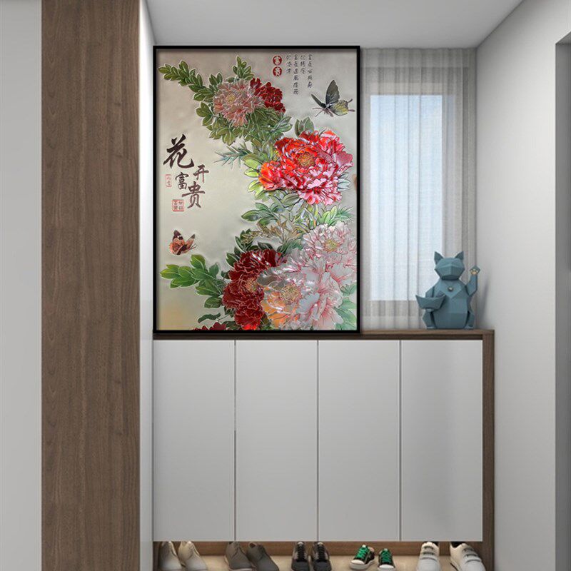 定制入户客厅屏风中式牡丹花开富贵雕浮雕艺术玻璃玄关隔断背景墙