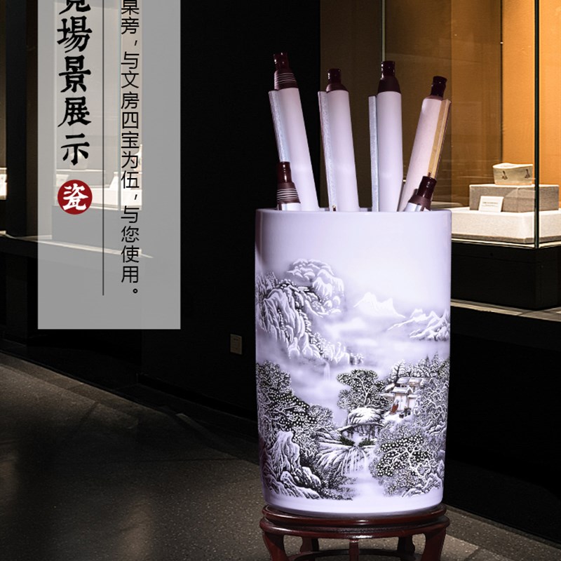 景德镇陶瓷花瓶箭筒中式书房客厅书画缸卷轴缸落地字画桶收纳筒