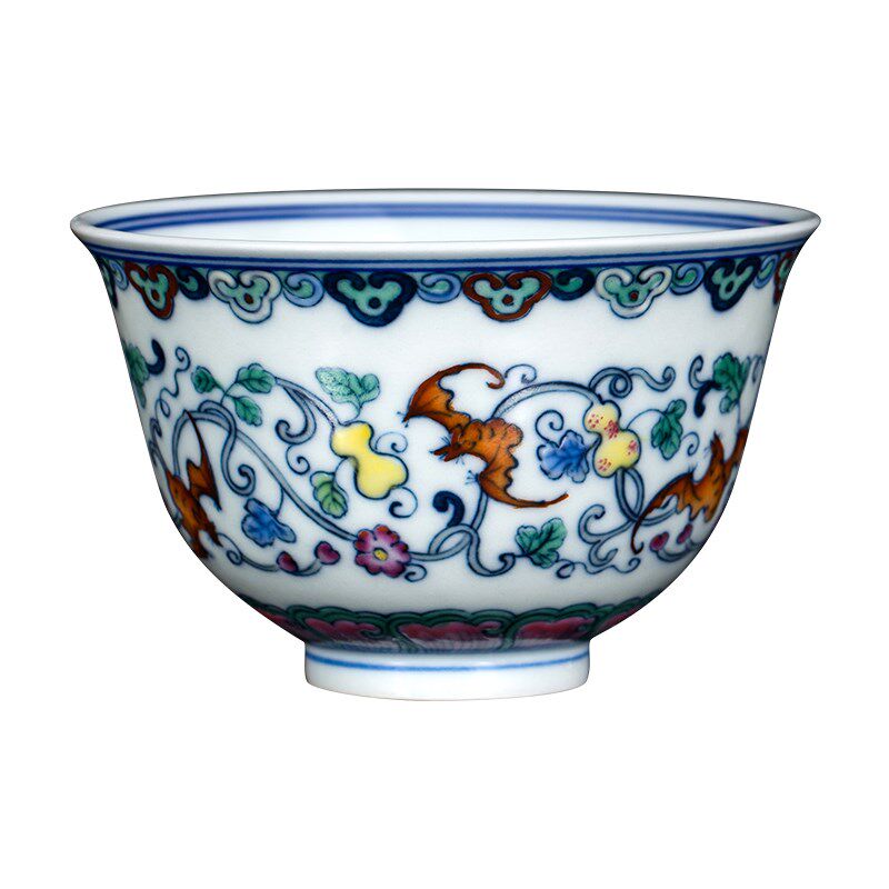 钟家窑功夫茶杯 手绘景德镇柴窑青花斗彩缠枝花卉五福主人杯单杯