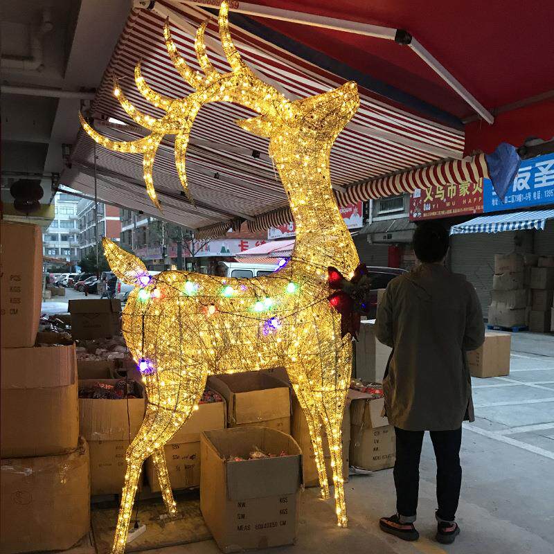新款圣诞节装饰品圣诞鹿拉车铁艺发光雪橇车装饰大型场景布置摆件