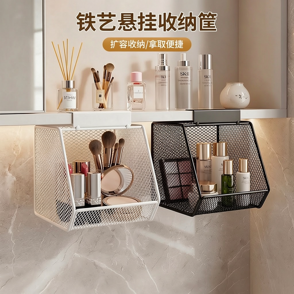 铁艺悬挂收纳筐家用悬挂式免打孔收纳篮浴室洗漱用品化妆置物筐w
