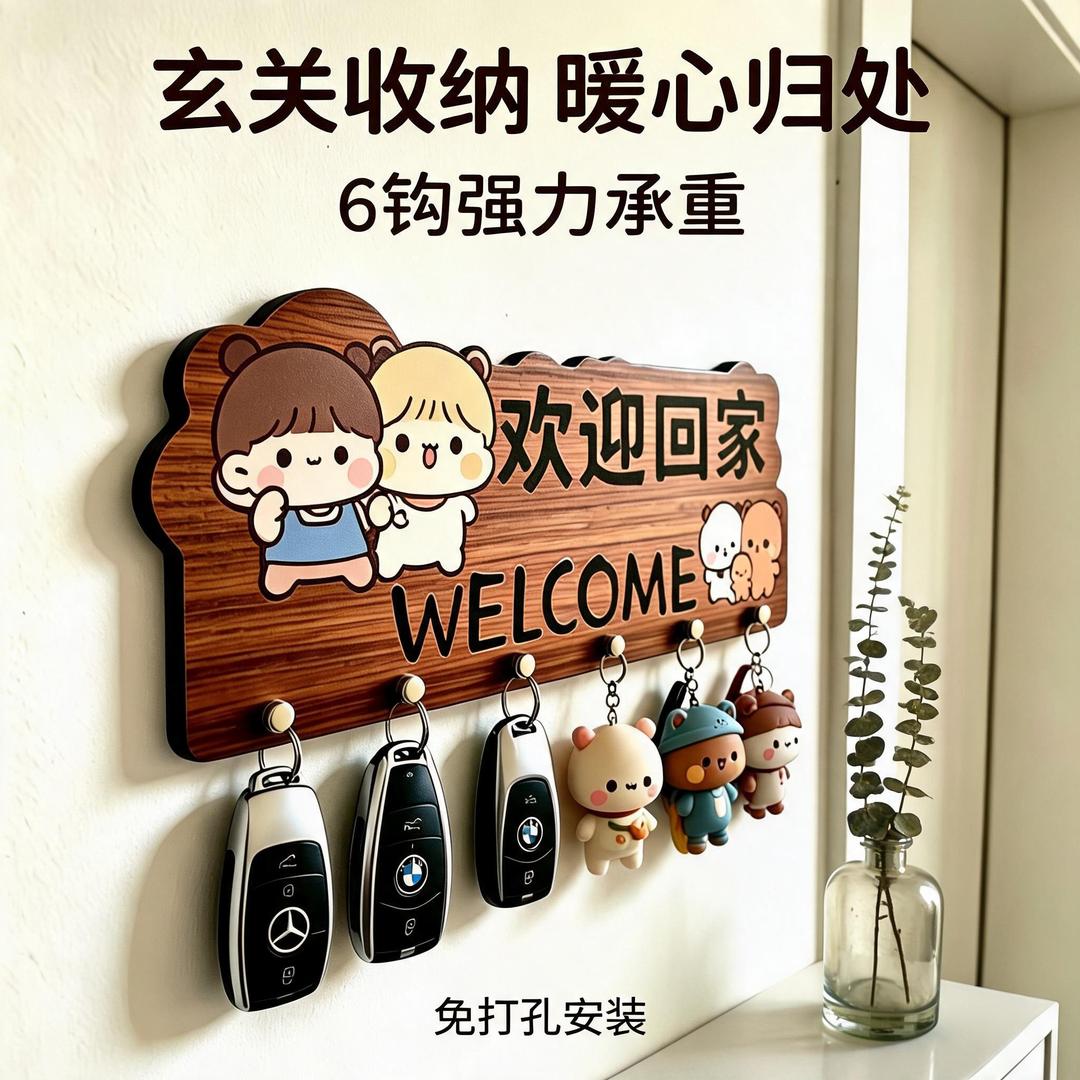 玄关钥匙收纳架免打孔入户墙上门口挂钩挂架线条小狗排钩w