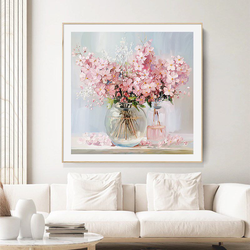 奶油风客厅装饰画正方形花卉餐厅挂画手绘油画北欧原木风玄关挂画