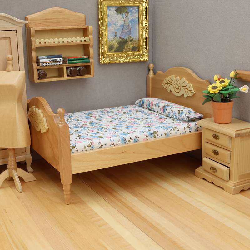1:12娃娃屋迷你家具DOLLHOUSE摆件卧室微场景木质欧式经典双人床