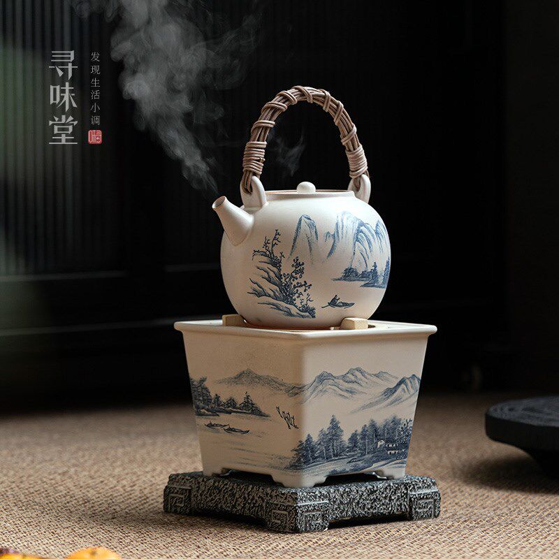 苏打釉方形炭炉煮茶壶围炉煮茶套装 手绘山水可干烧粗陶提梁壶
