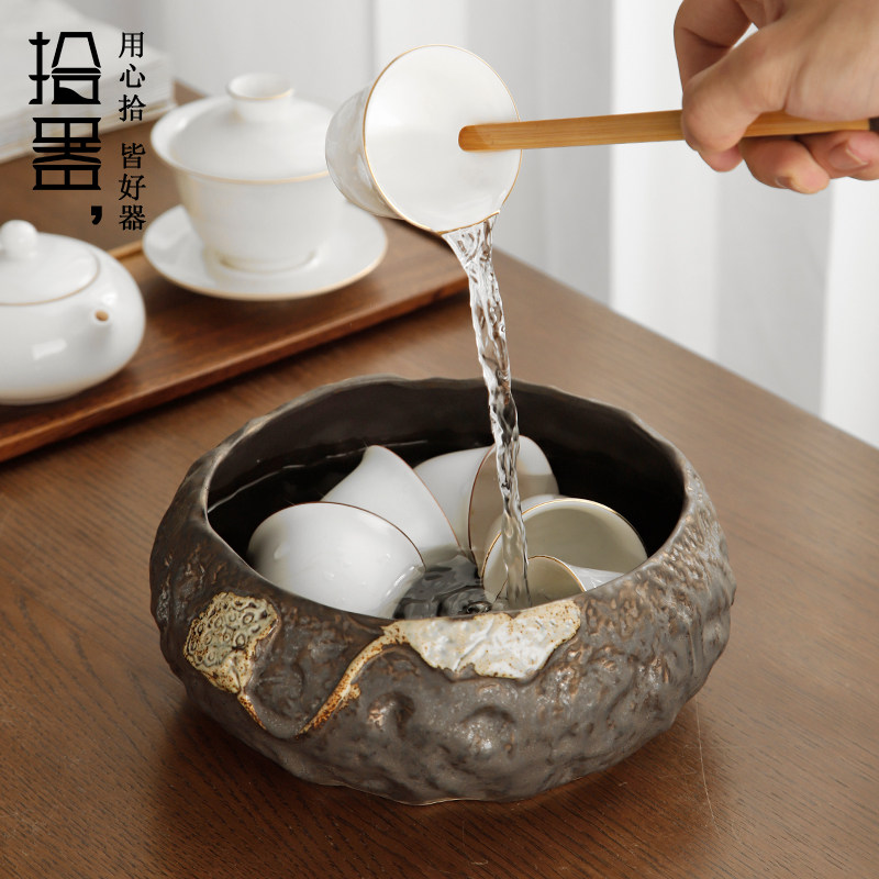 拾器鎏金茶洗陶瓷茶渣缸家用水盂粗陶建水日式洗茶碗禅意笔洗茶道