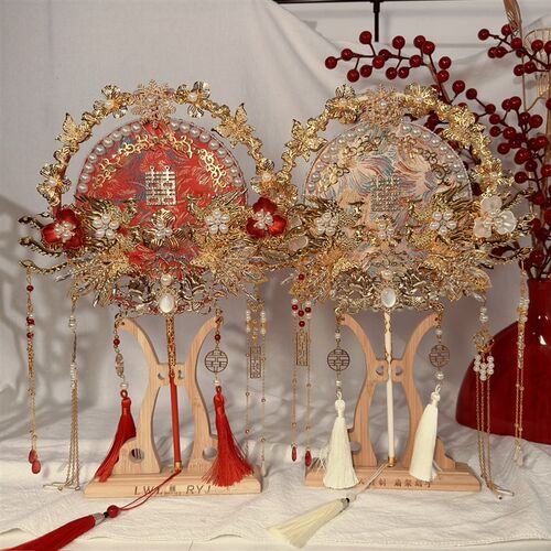 团扇新娘结婚手工秀禾中式diy材料包扇子婚礼喜扇高级感婚纱双面