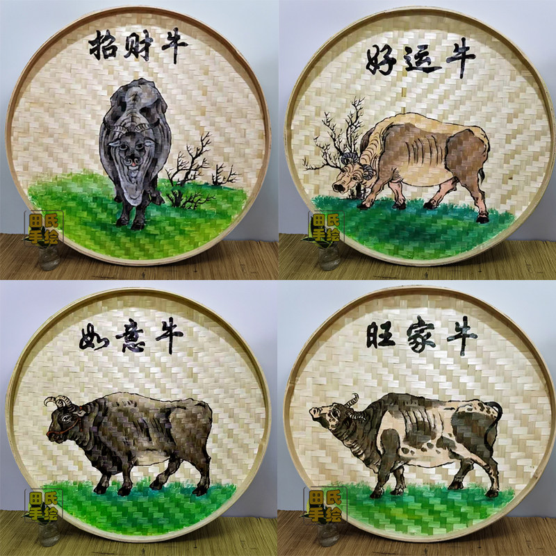 手绘画竹编簸箕挂画圆形挂件农庄农家乐墙面装饰画田园墙壁挂饰品