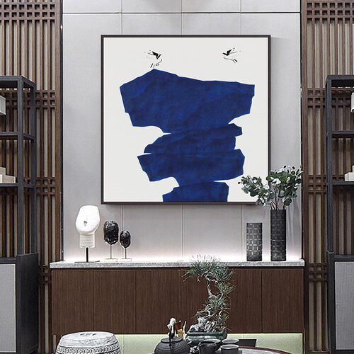 石语新中式方形客厅装饰画水墨招财石头国画玄关挂画禅意饭厅壁画