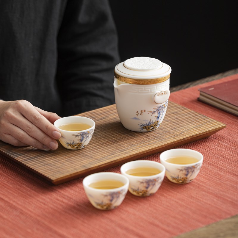 唐舍国风羊脂玉瓷旅行茶具套装快客杯一壶四杯高档户外泡茶壶礼品