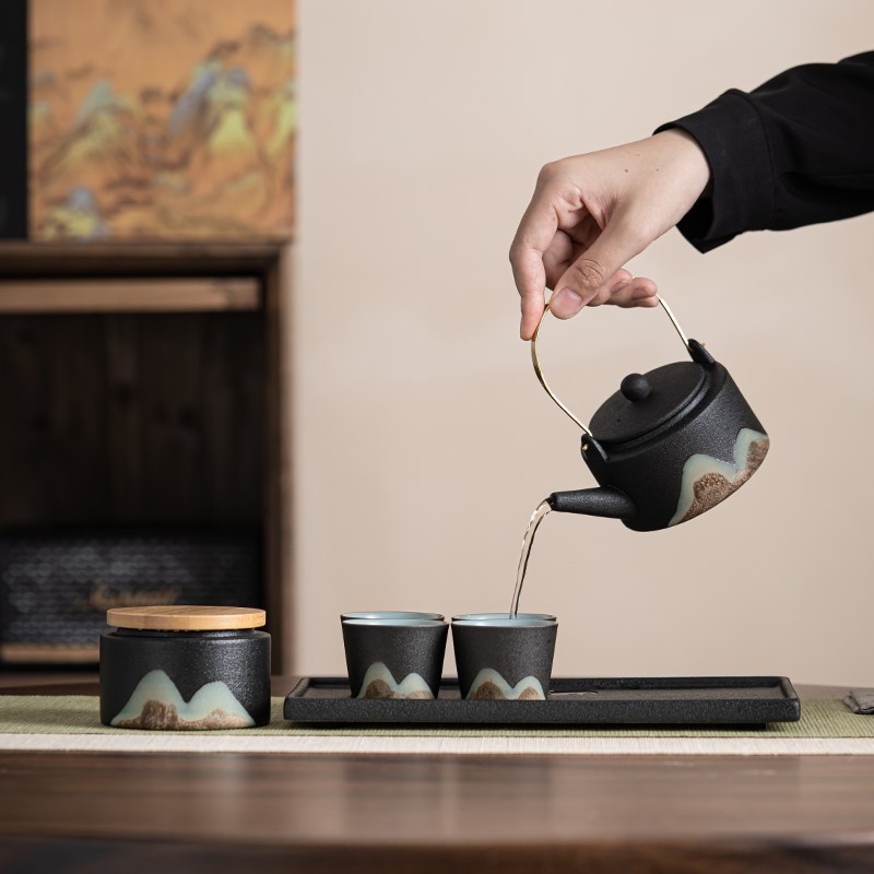 手绘彩画茶具提梁茶壶配精美干泡茶盘小茶叶罐7件功夫茶具礼盒装