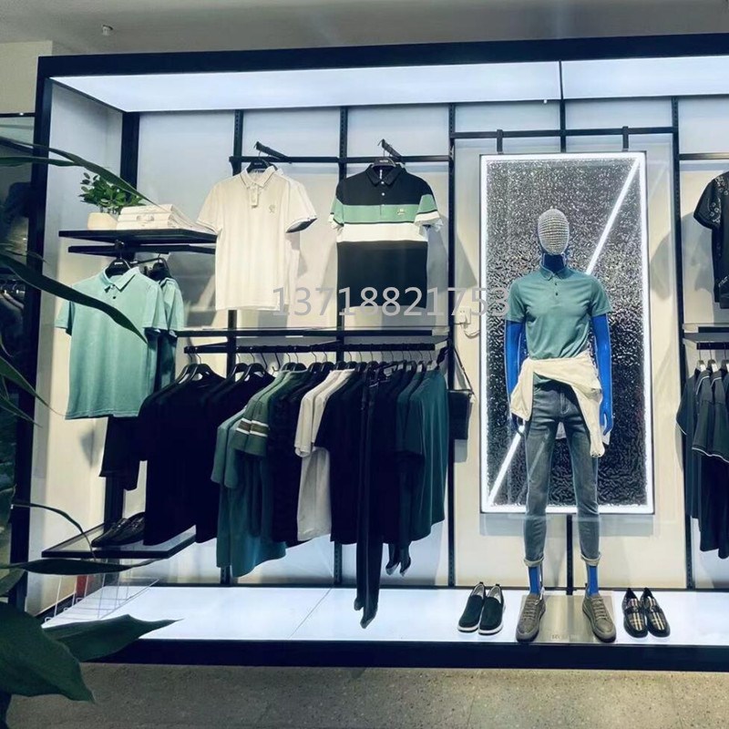高端服装店展示架男装挂衣服架陈列架带灯发光靠墙高架双层组合架