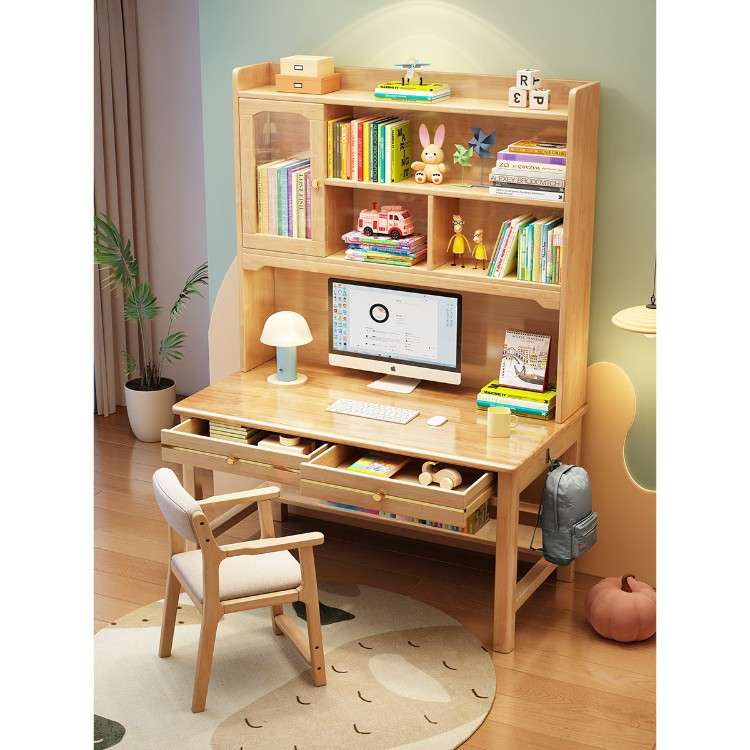 实木书桌书架一体卧室中学生家用写字台电脑桌子简易办公桌椅套装