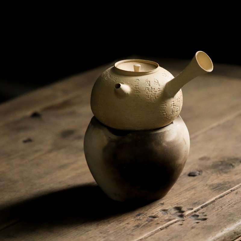 潮州碳炉明火酒精蜡烛煮茶炉器风炉炭炉手工雕刻文字泥陶侧把壶