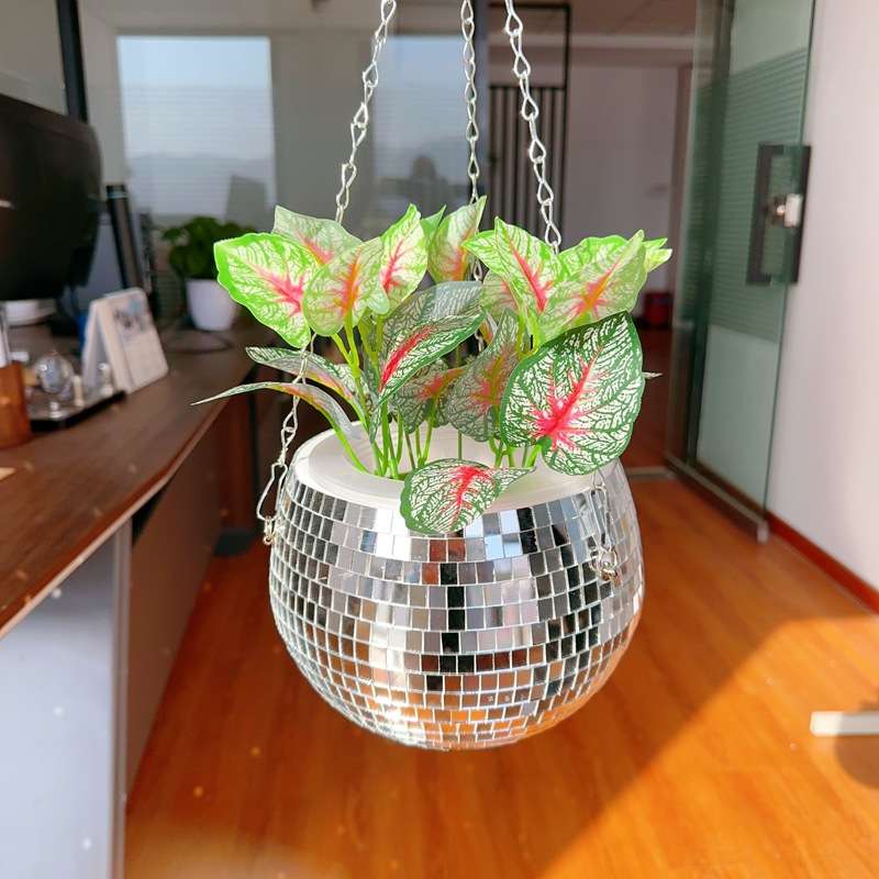 辰林跨境Disco马赛克反光玻璃镜面花盆栽平底悬挂室内摆件吊篮